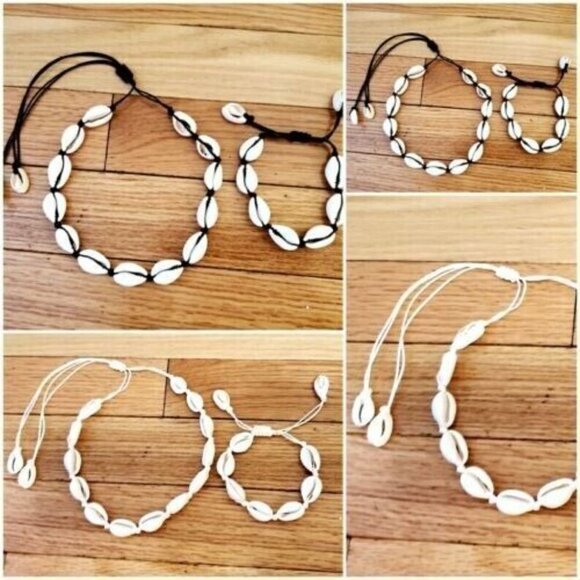 Cowrie Shell Waxed Cord Bead Choker And Bracelet Set Crème Cord - Picture 4 of 6